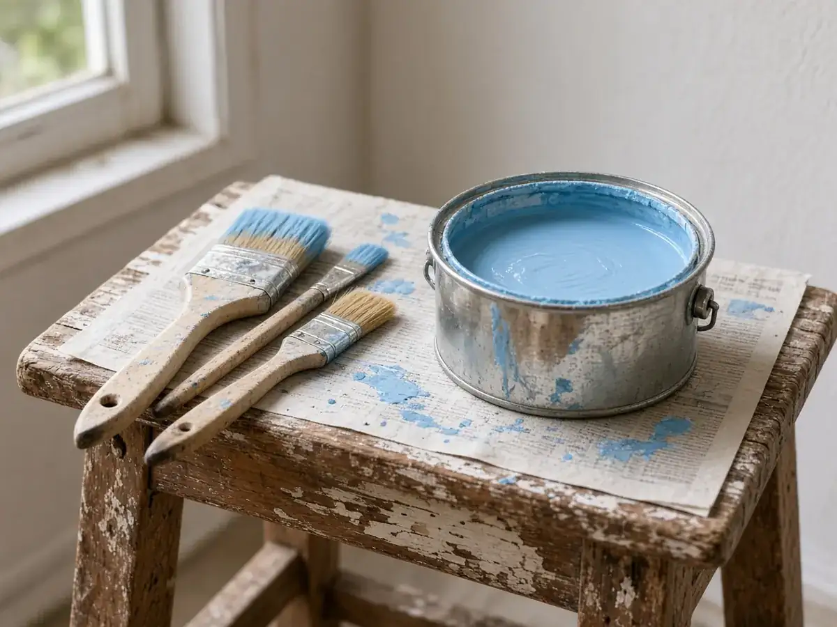 Pinceaux et pot de peinture bleue sur un chantier de rénovation