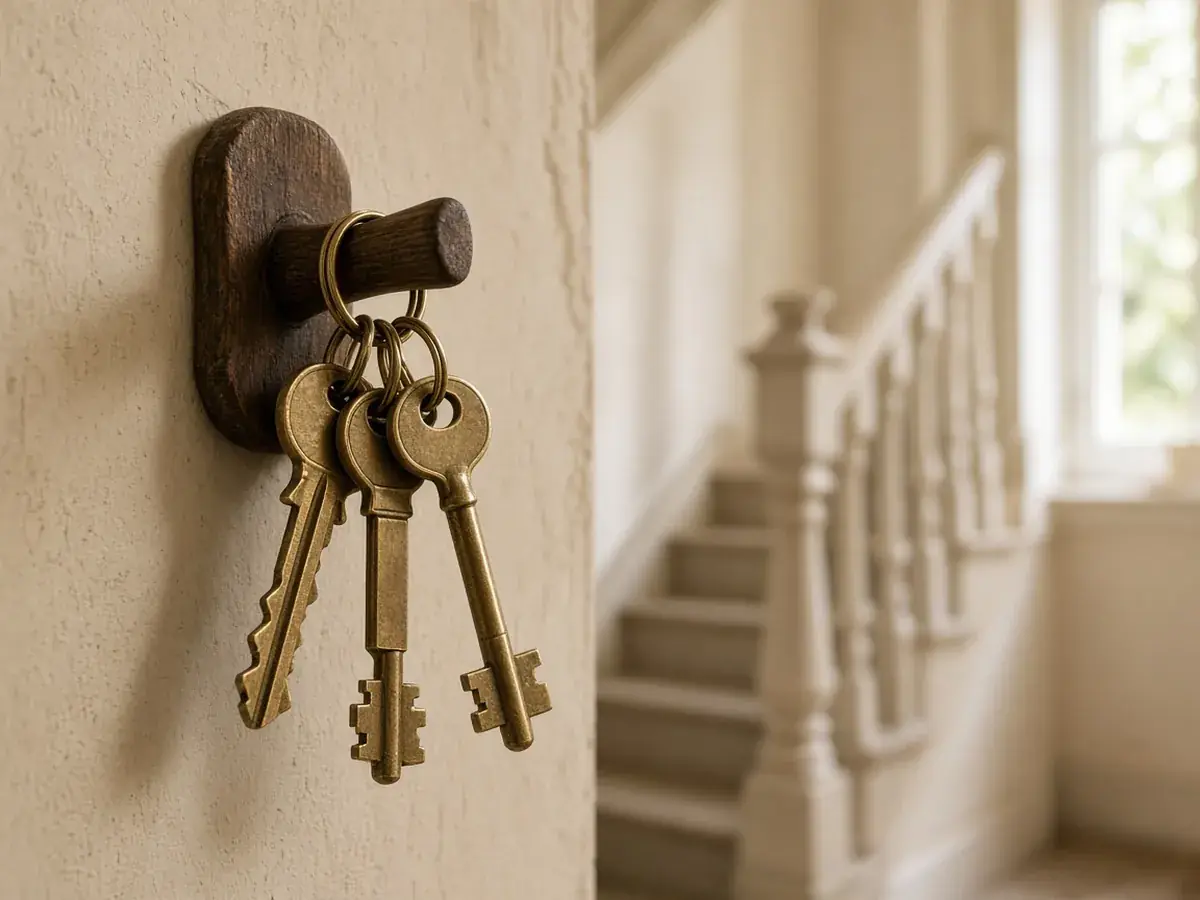 Clés de maison accrochées près d’un escalier, symbole du crédit immobilier